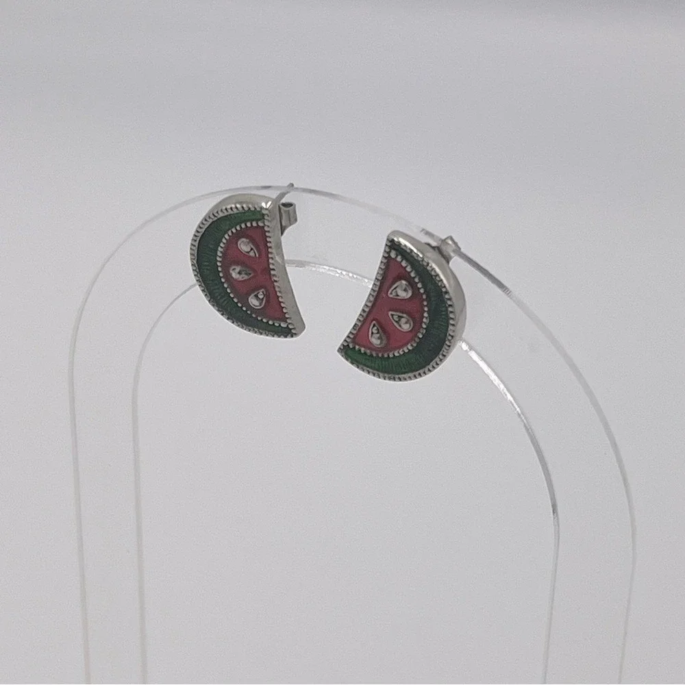 Avon Watermelon Slice Enamel Stud Earrings Silver Tone Vintage Summer Jewelry